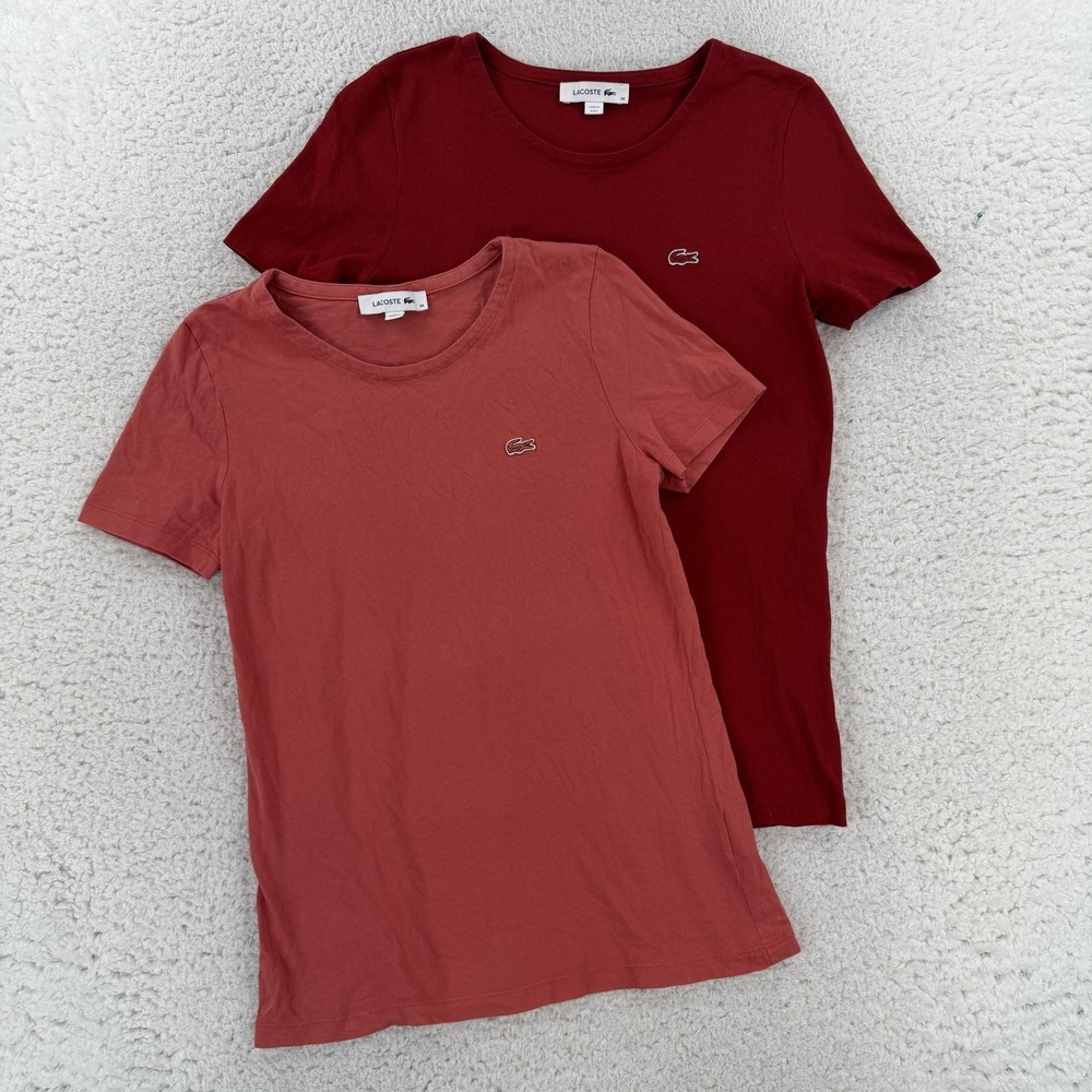 Lacoste Womens 36 Red Crew Neck Short Sleeve Cotton Tee Top Set Of 2 FA10614